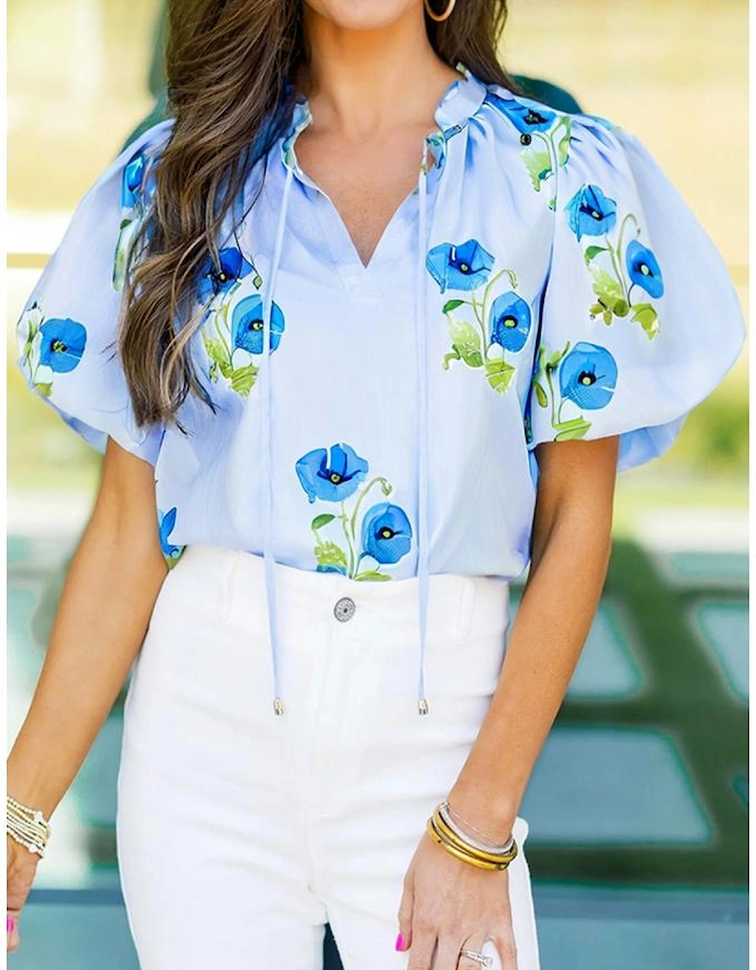 Sky Blue Floral Print Tie Split Neck Short Puff Sleeve Blouse