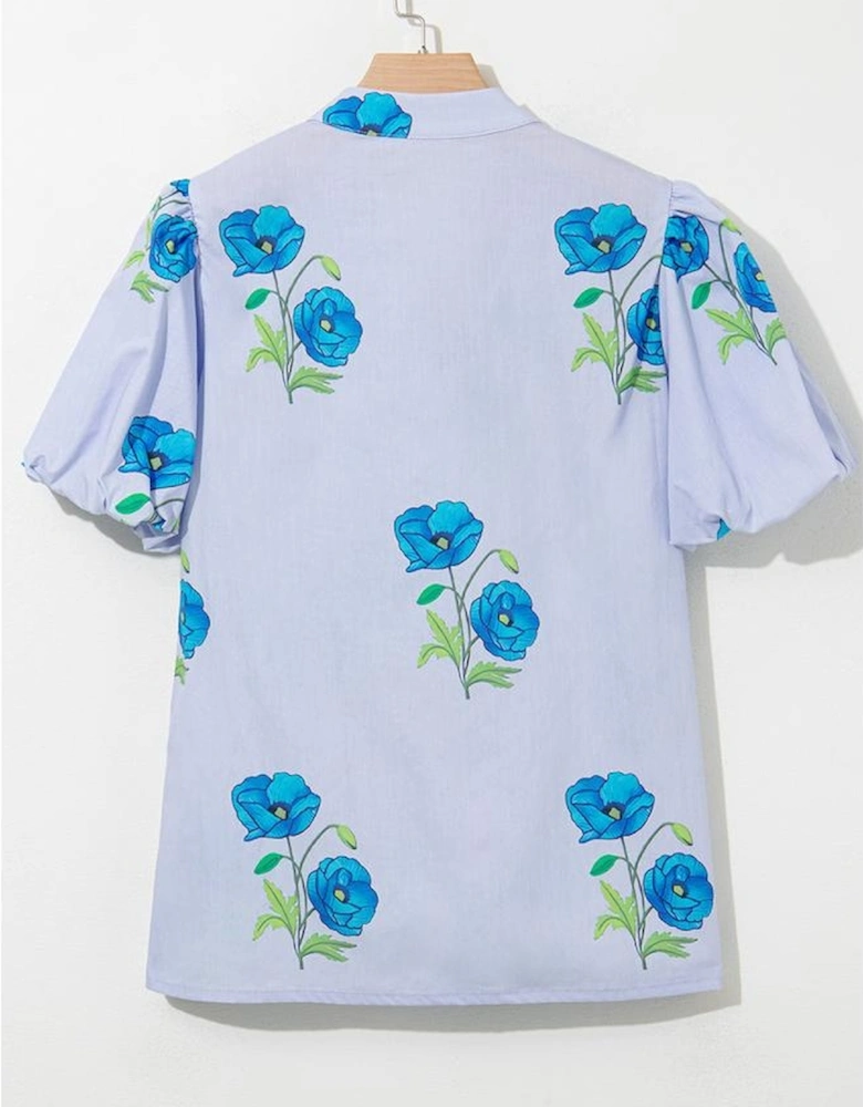 Sky Blue Floral Print Tie Split Neck Short Puff Sleeve Blouse