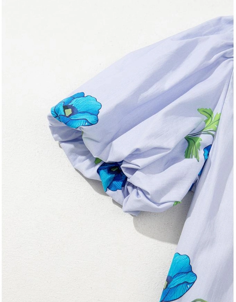 Sky Blue Floral Print Tie Split Neck Short Puff Sleeve Blouse