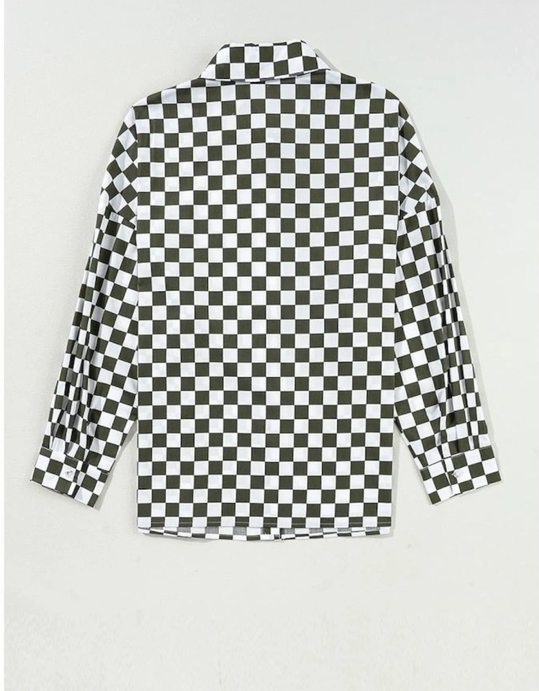 Green Checkerboard Printed Drop Shoulder Loose Casual Shirt