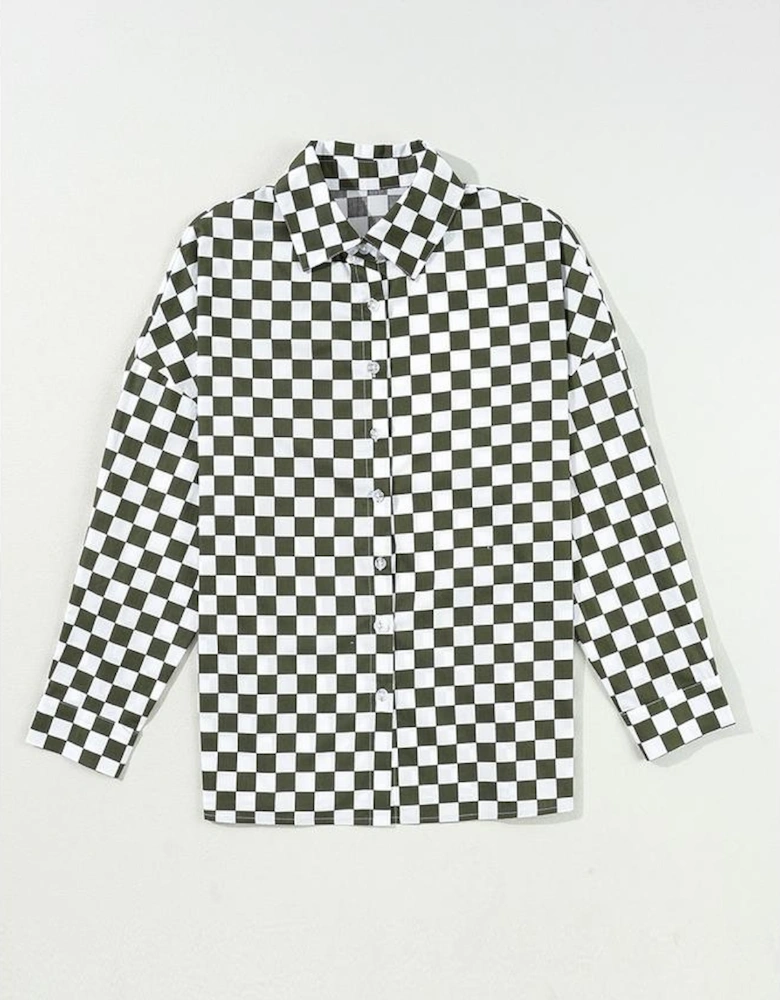 Green Checkerboard Printed Drop Shoulder Loose Casual Shirt