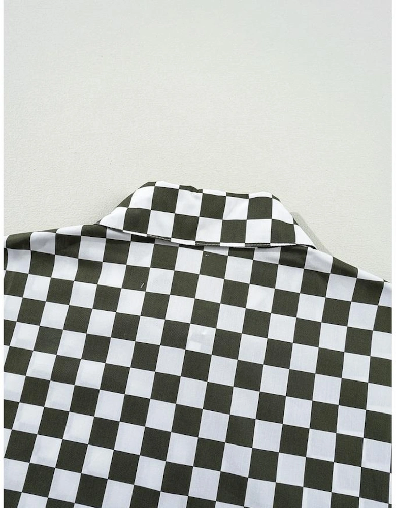 Green Checkerboard Printed Drop Shoulder Loose Casual Shirt
