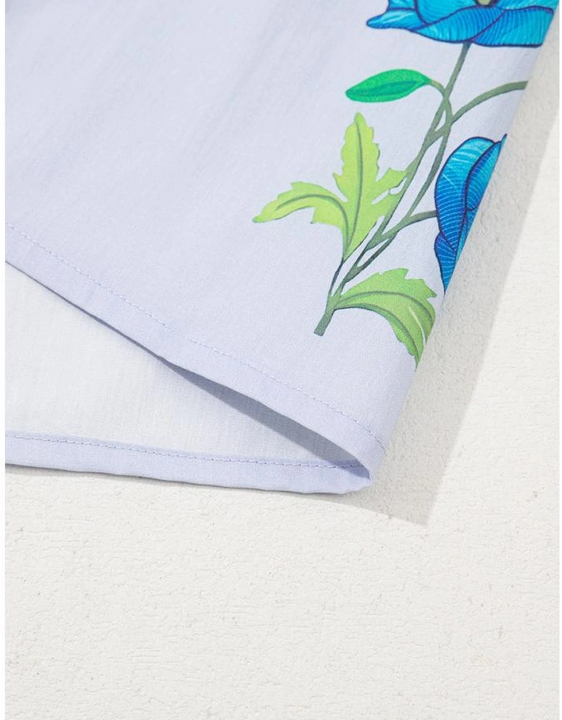 Sky Blue Floral Print Tie Split Neck Short Puff Sleeve Blouse