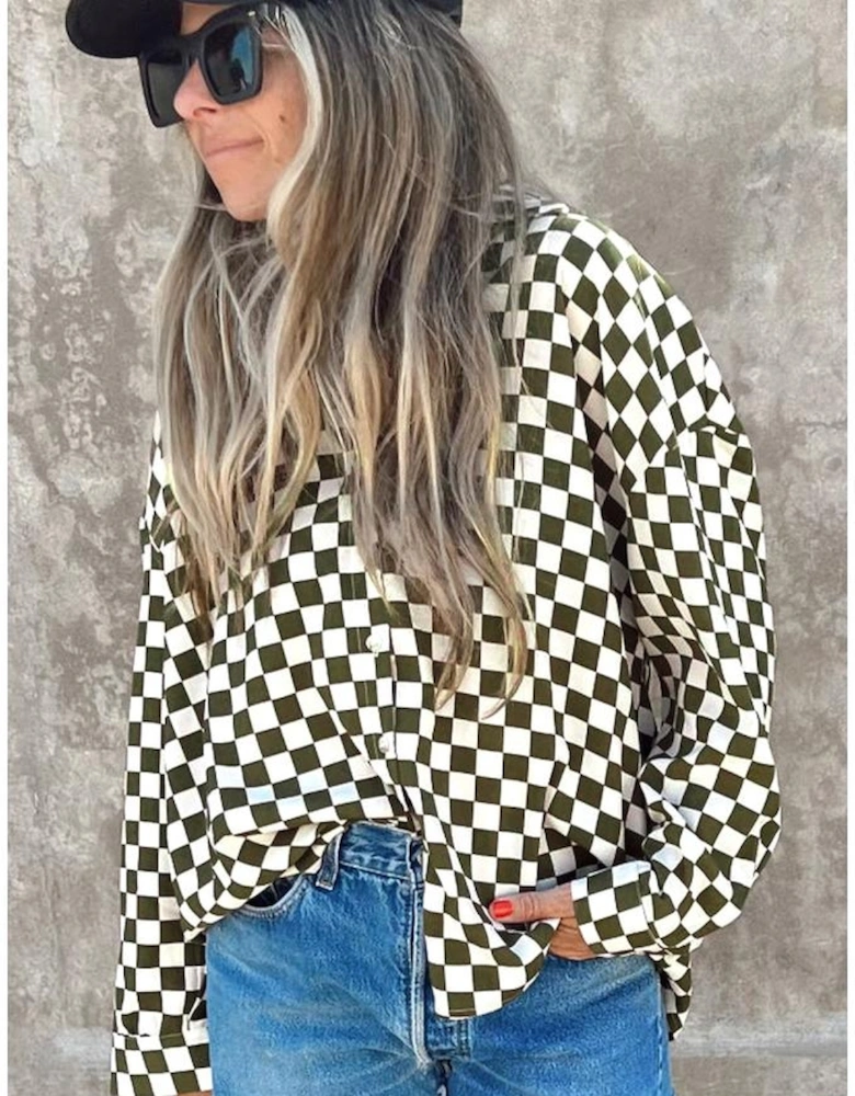 Green Checkerboard Printed Drop Shoulder Loose Casual Shirt