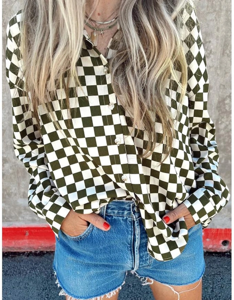 Green Checkerboard Printed Drop Shoulder Loose Casual Shirt