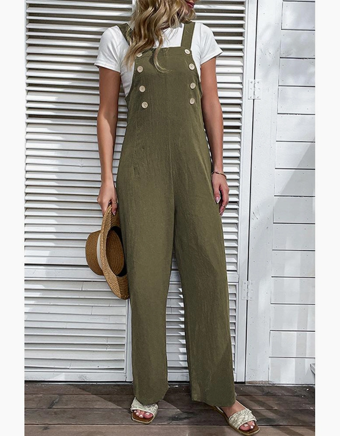 Jungle Green Solid Color Buttoned Straight Leg Overall