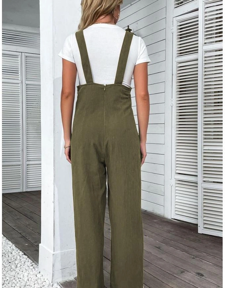 Jungle Green Solid Color Buttoned Straight Leg Overall