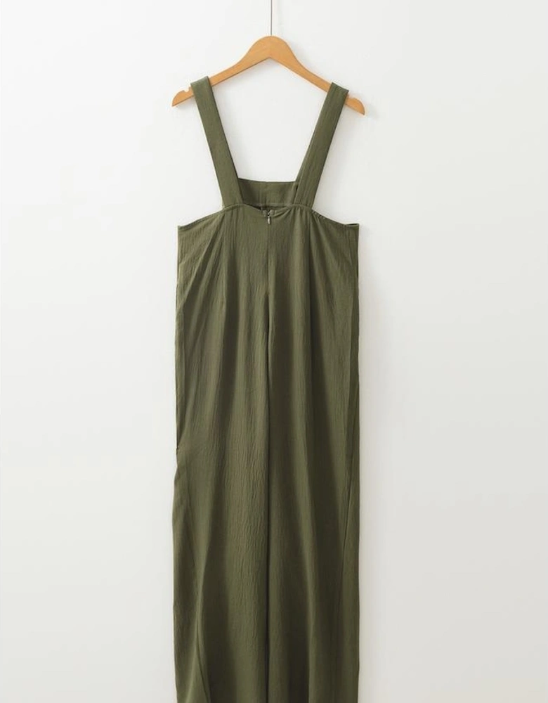 Jungle Green Solid Color Buttoned Straight Leg Overall