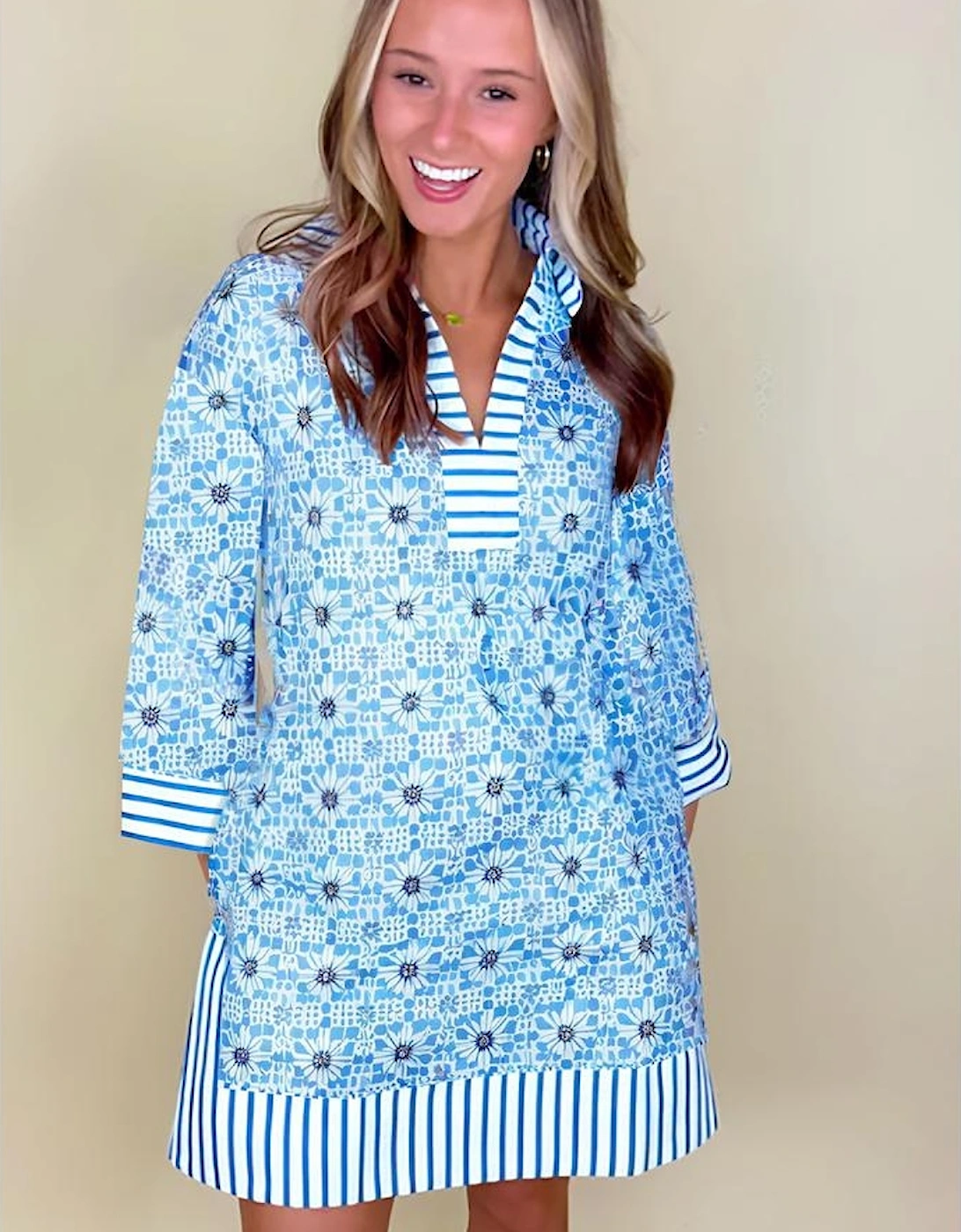 Sky Blue Contrast Striped Trim Floral Shift Fit Fall Dress