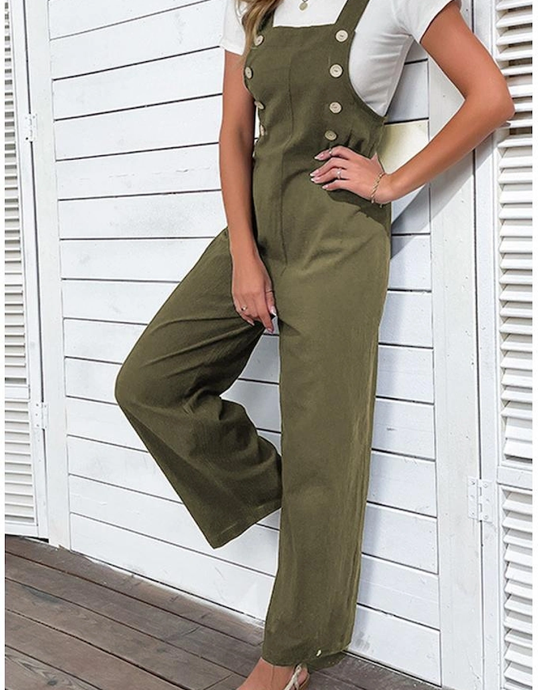 Jungle Green Solid Color Buttoned Straight Leg Overall