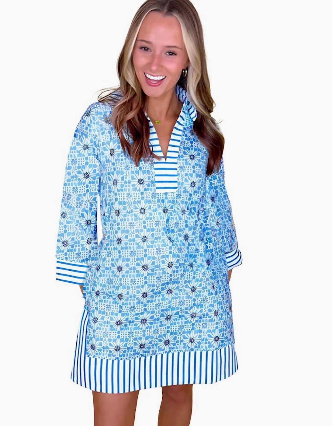 Sky Blue Contrast Striped Trim Floral Shift Fit Fall Dress