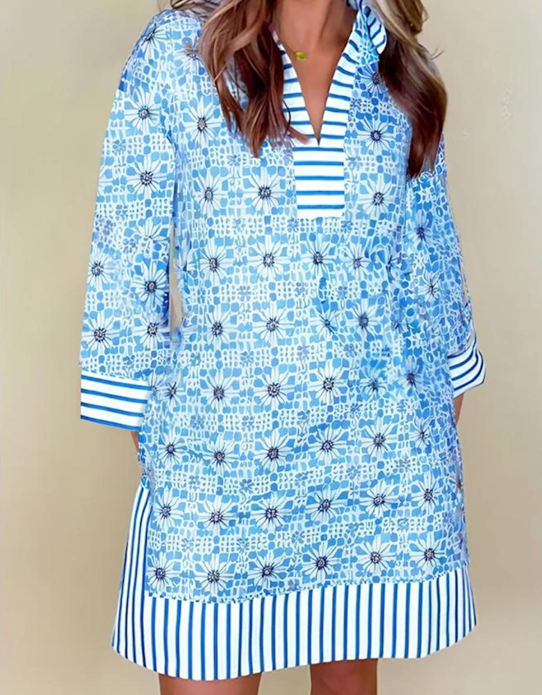 Sky Blue Contrast Striped Trim Floral Shift Fit Fall Dress