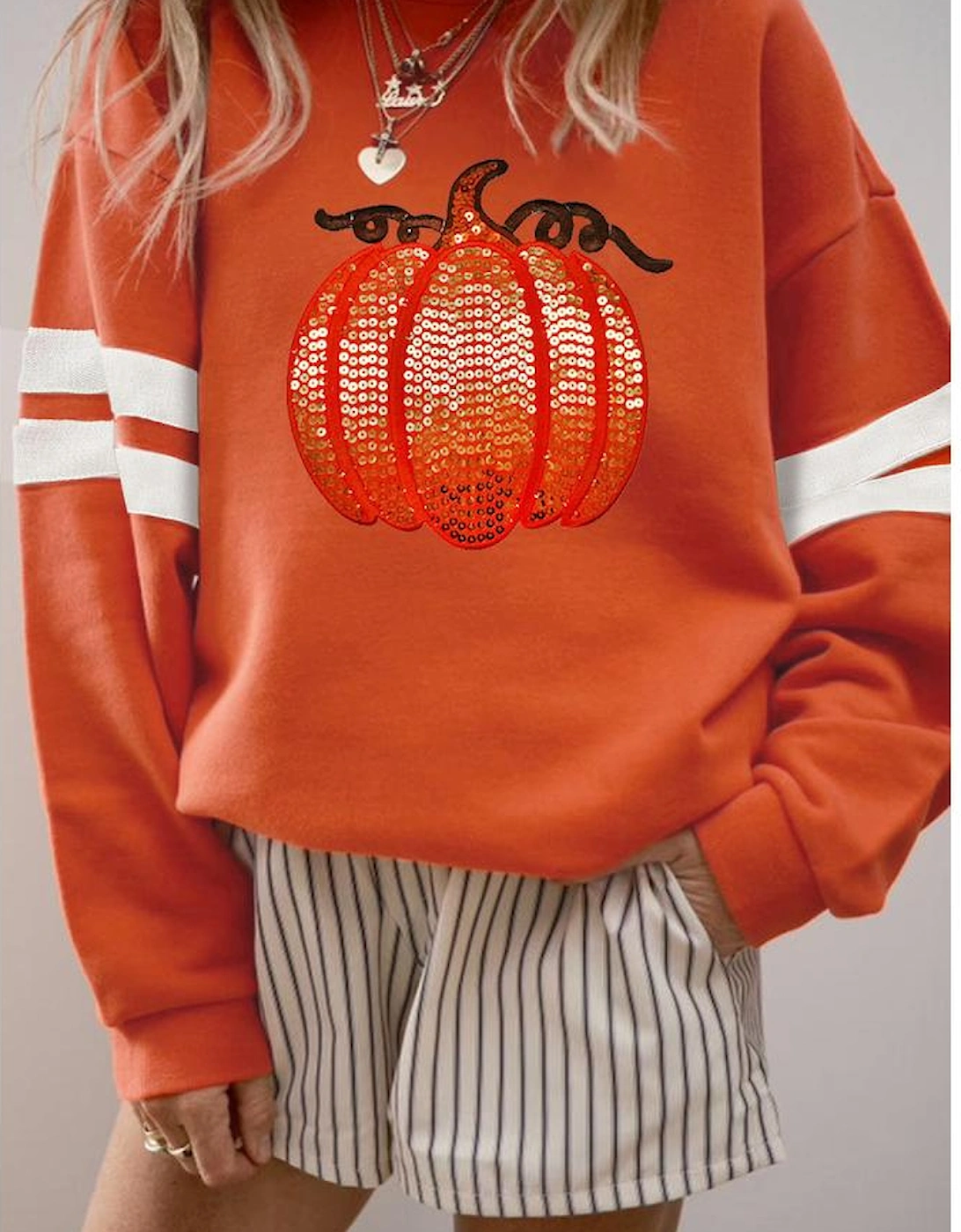 Orange Sequin Pumpkin Patched Oversize Varsity Sweatshirt