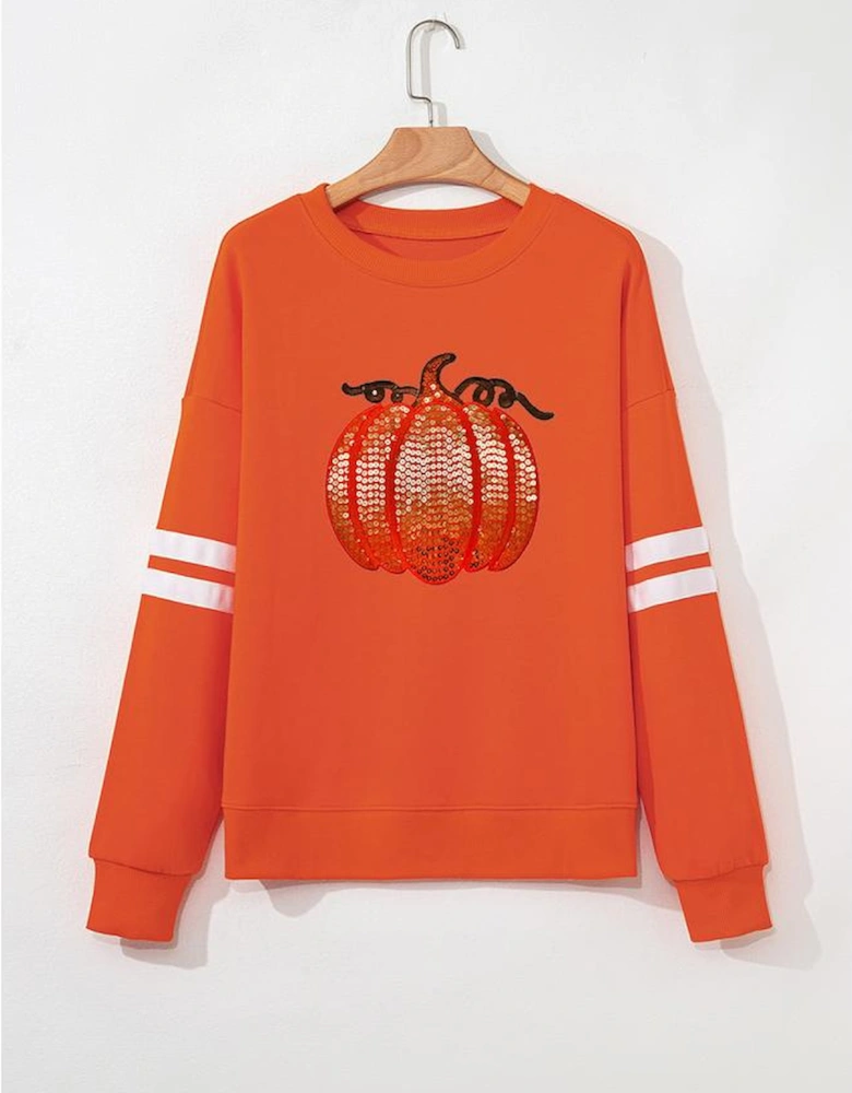 Orange Sequin Pumpkin Patched Oversize Varsity Sweatshirt