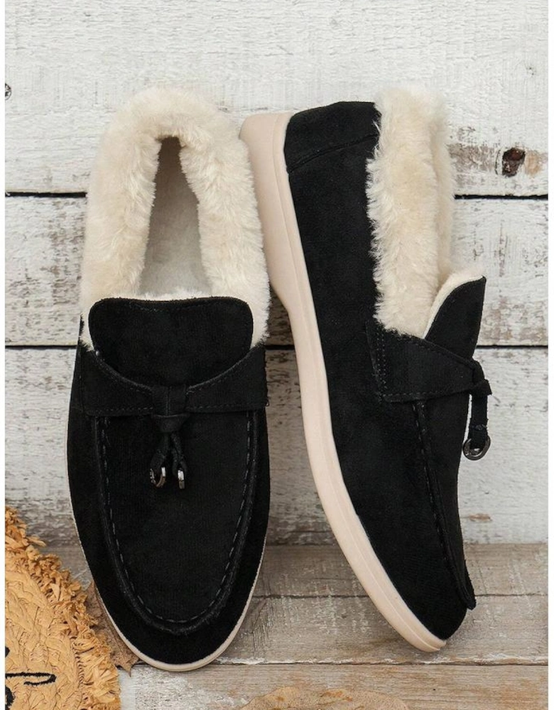 Black Suede Furry Lined Slip on Flat Shoes
