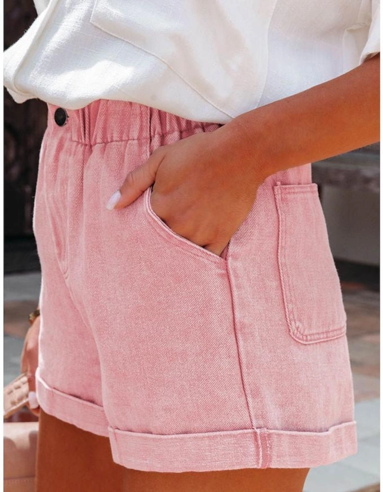 Dusty Pink Vintage Washed Frilled High Waist Denim Shorts