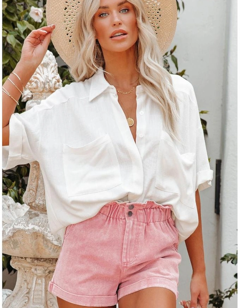 Dusty Pink Vintage Washed Frilled High Waist Denim Shorts
