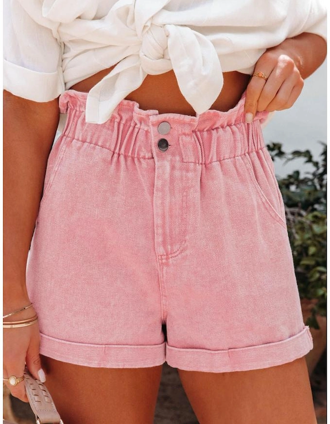 Dusty Pink Vintage Washed Frilled High Waist Denim Shorts