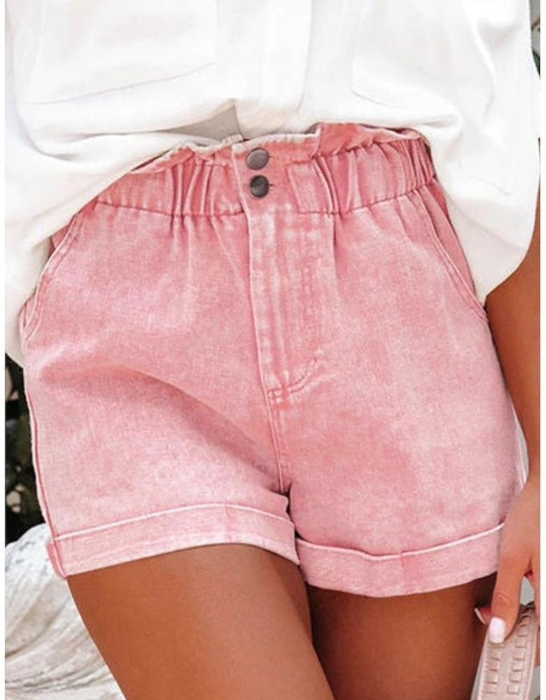 Dusty Pink Vintage Washed Frilled High Waist Denim Shorts