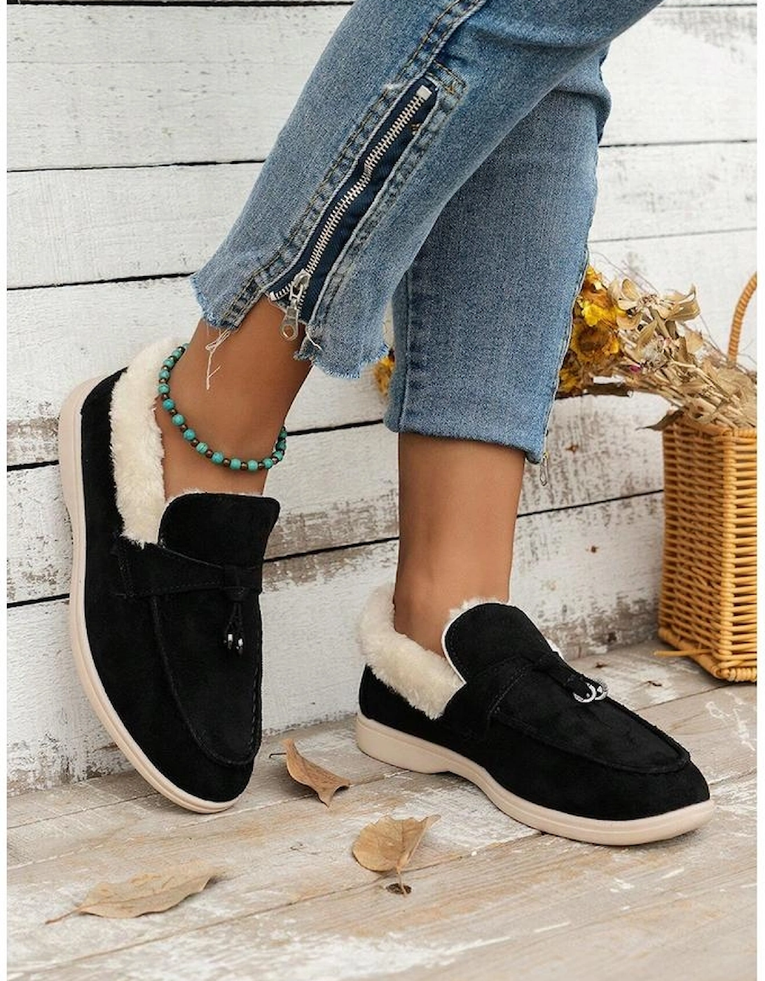 Black Suede Furry Lined Slip on Flat Shoes, 5 of 4