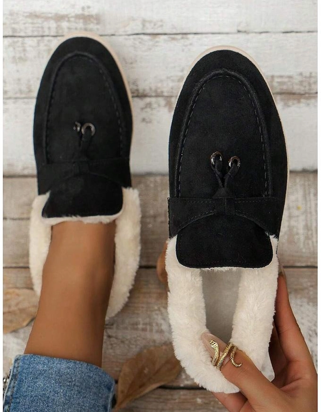 Black Suede Furry Lined Slip on Flat Shoes