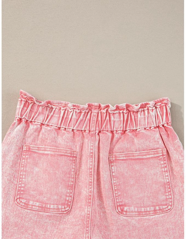 Dusty Pink Vintage Washed Frilled High Waist Denim Shorts