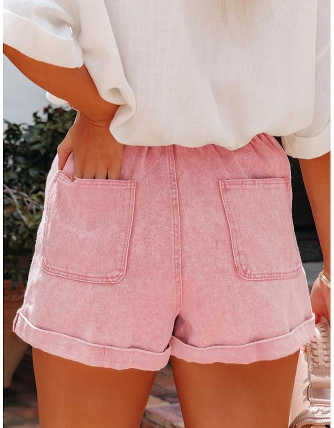Dusty Pink Vintage Washed Frilled High Waist Denim Shorts