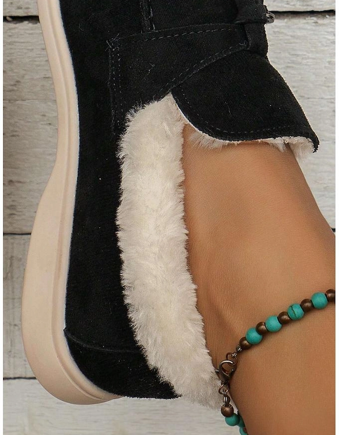 Black Suede Furry Lined Slip on Flat Shoes