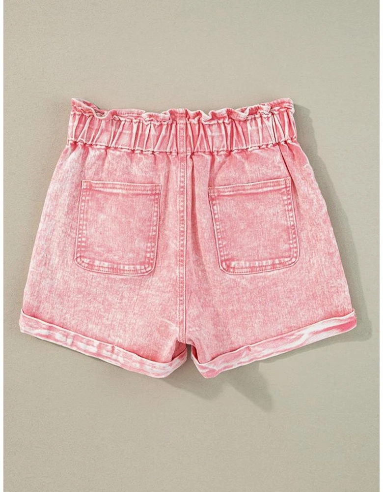 Dusty Pink Vintage Washed Frilled High Waist Denim Shorts