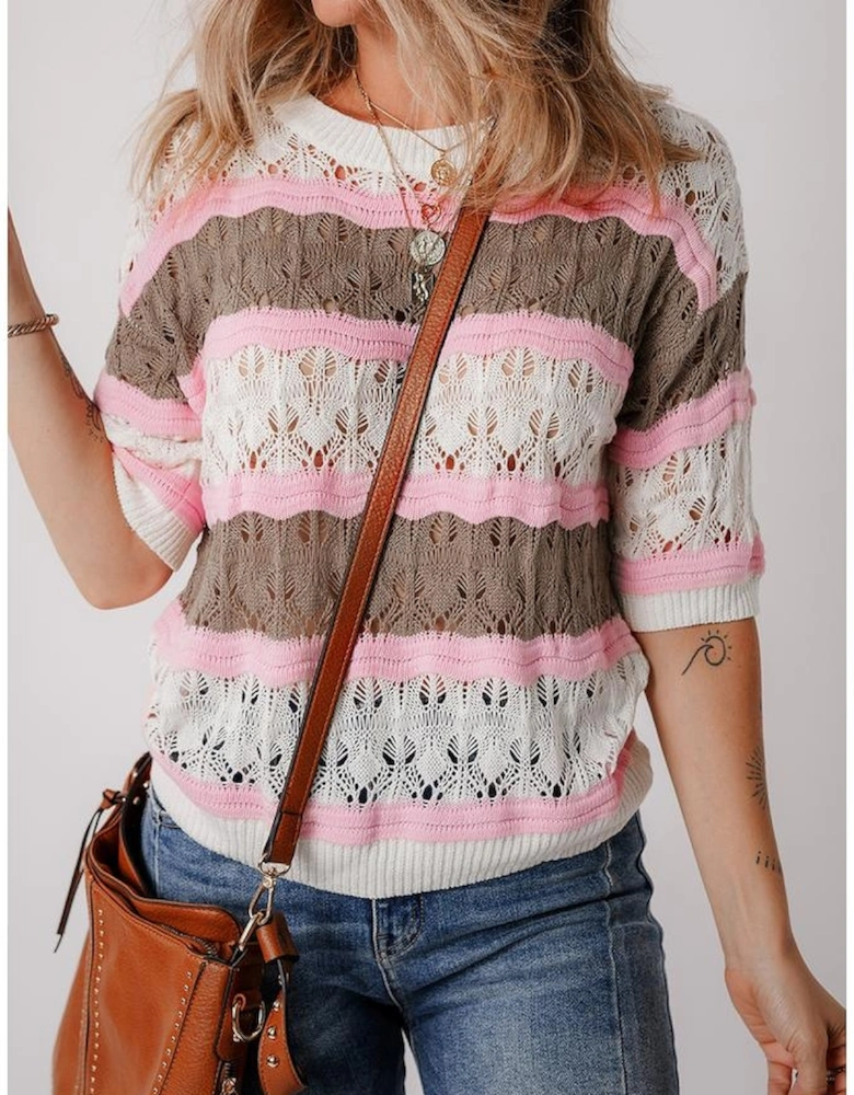 Brown Stripe Color Block Hollow Out Crochet Half Sleeve Sweater