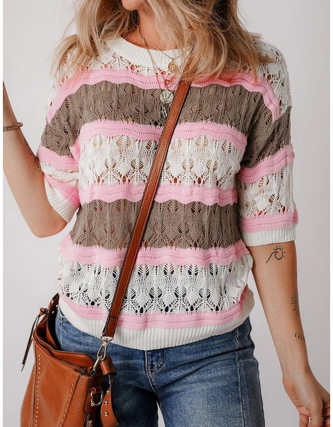 Brown Stripe Color Block Hollow Out Crochet Half Sleeve Sweater