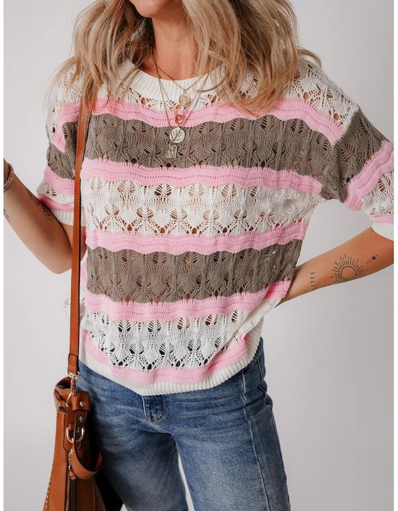 Brown Stripe Color Block Hollow Out Crochet Half Sleeve Sweater