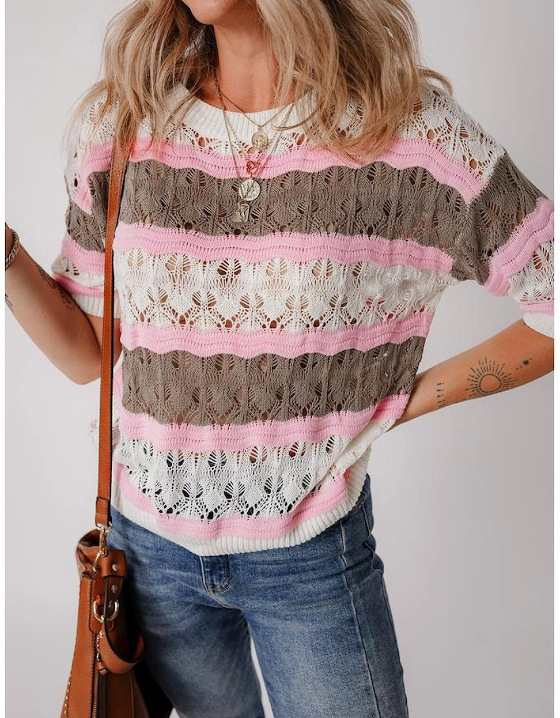 Brown Stripe Color Block Hollow Out Crochet Half Sleeve Sweater, 13 of 12