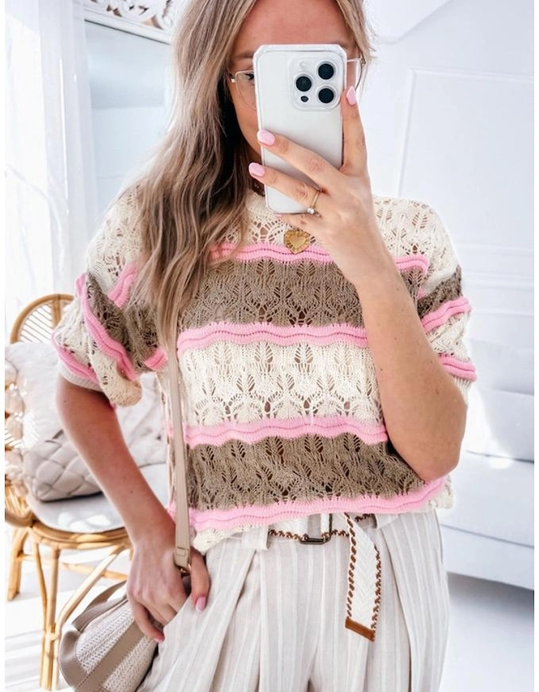 Brown Stripe Color Block Hollow Out Crochet Half Sleeve Sweater