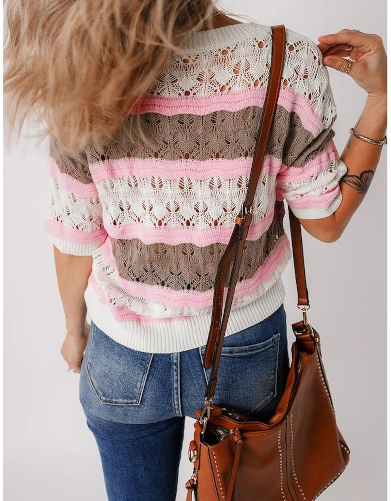 Brown Stripe Color Block Hollow Out Crochet Half Sleeve Sweater
