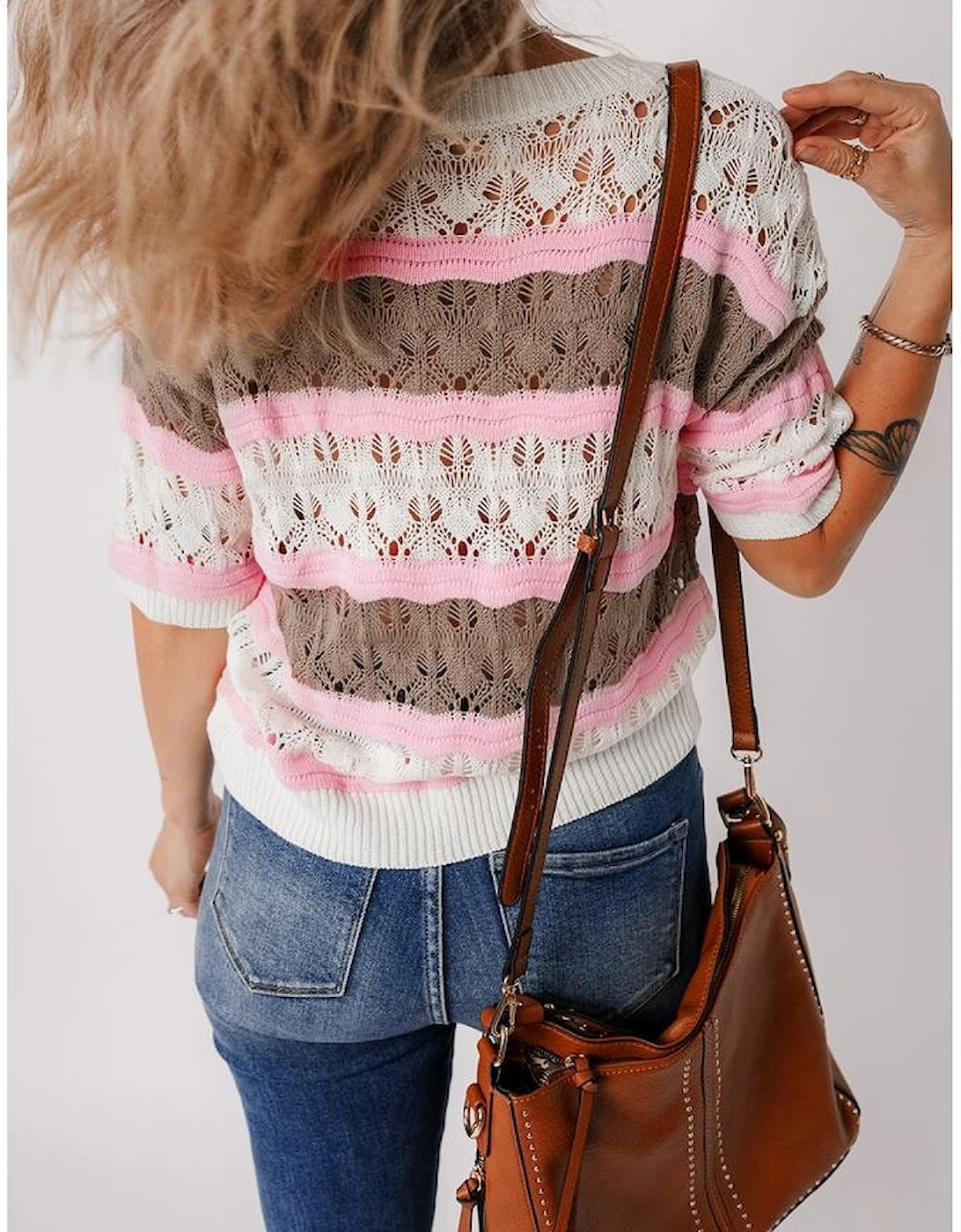 Brown Stripe Color Block Hollow Out Crochet Half Sleeve Sweater