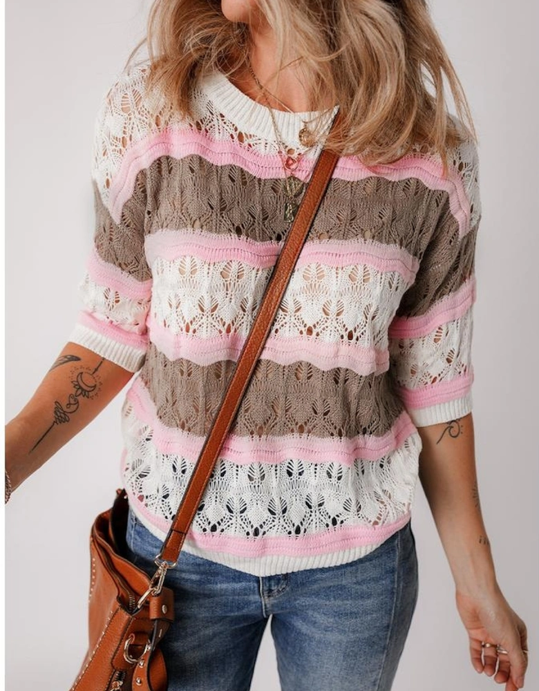 Brown Stripe Color Block Hollow Out Crochet Half Sleeve Sweater