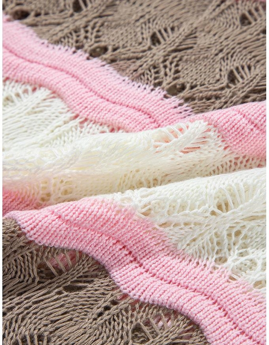 Brown Stripe Color Block Hollow Out Crochet Half Sleeve Sweater