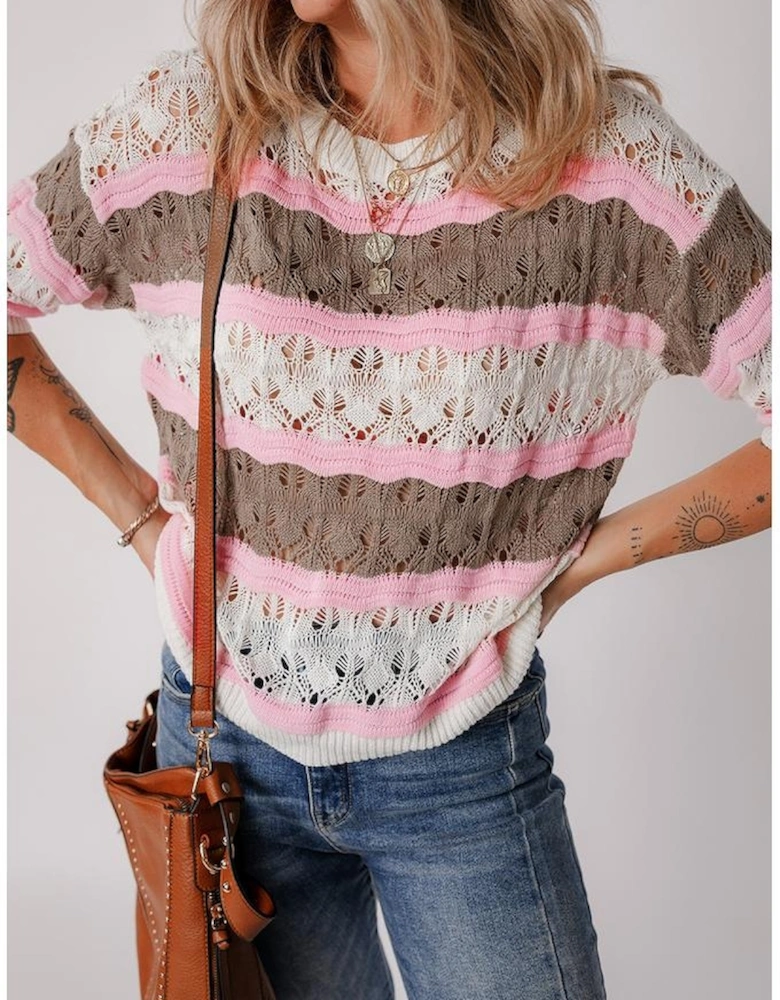 Brown Stripe Color Block Hollow Out Crochet Half Sleeve Sweater
