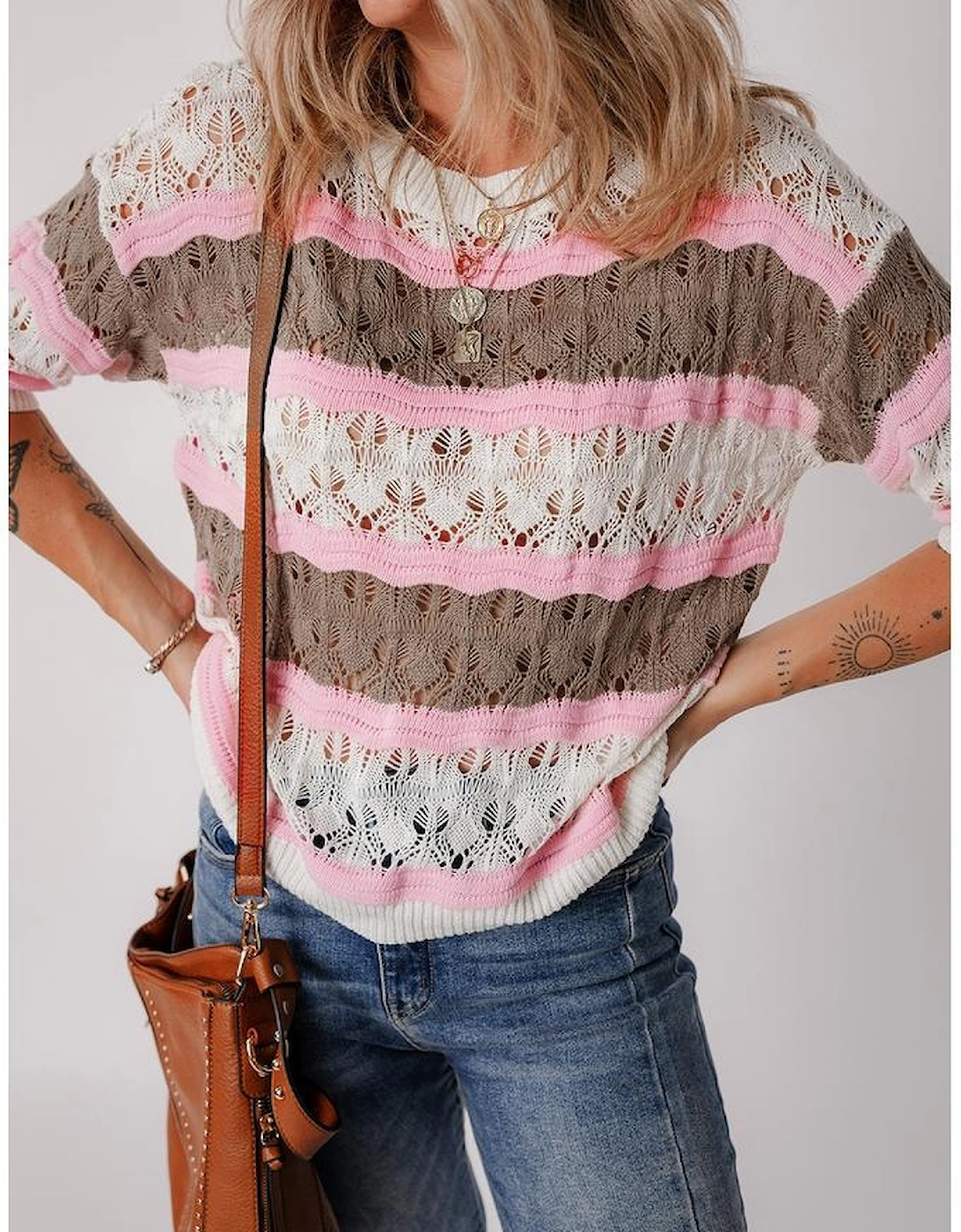 Brown Stripe Color Block Hollow Out Crochet Half Sleeve Sweater