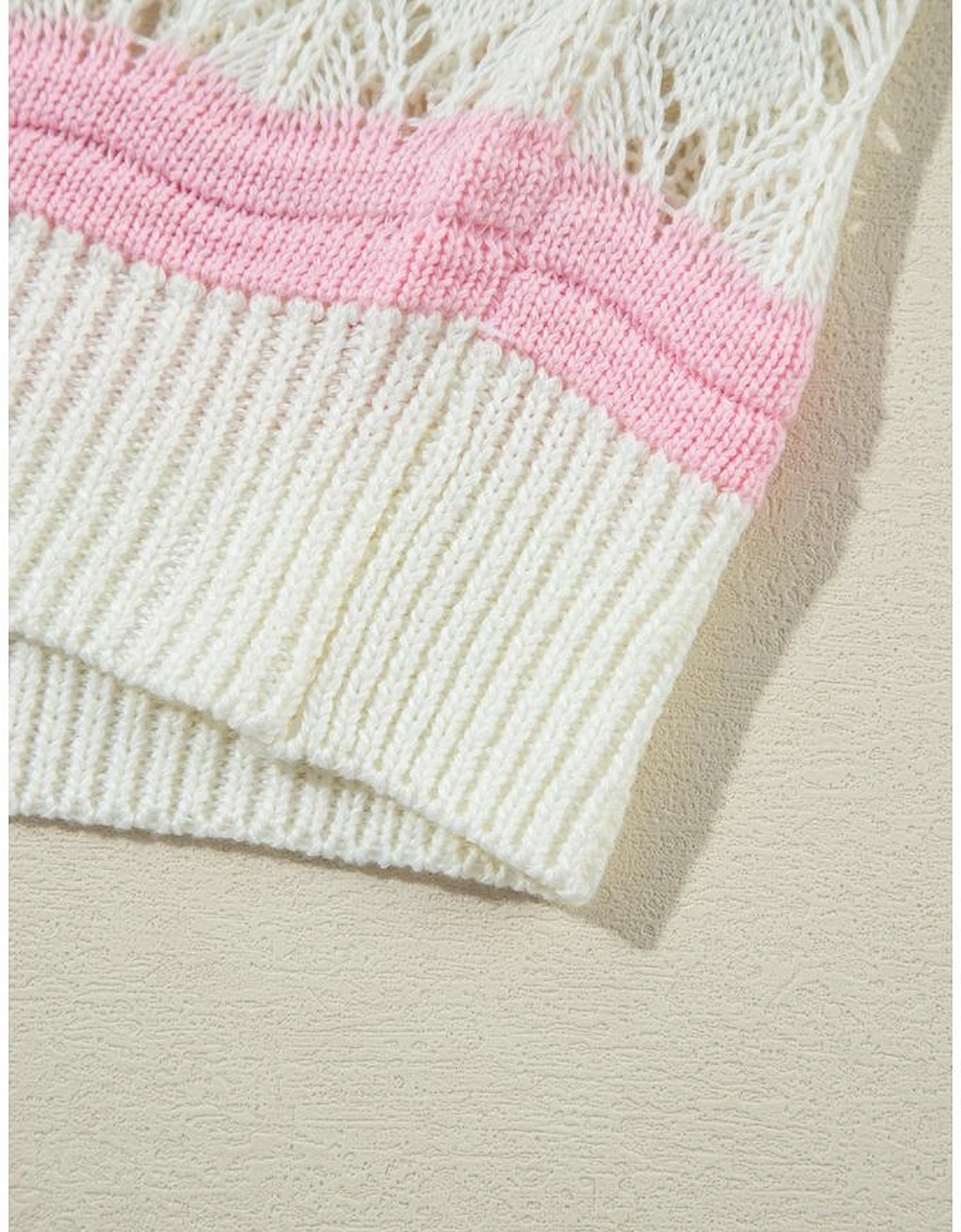 Brown Stripe Color Block Hollow Out Crochet Half Sleeve Sweater