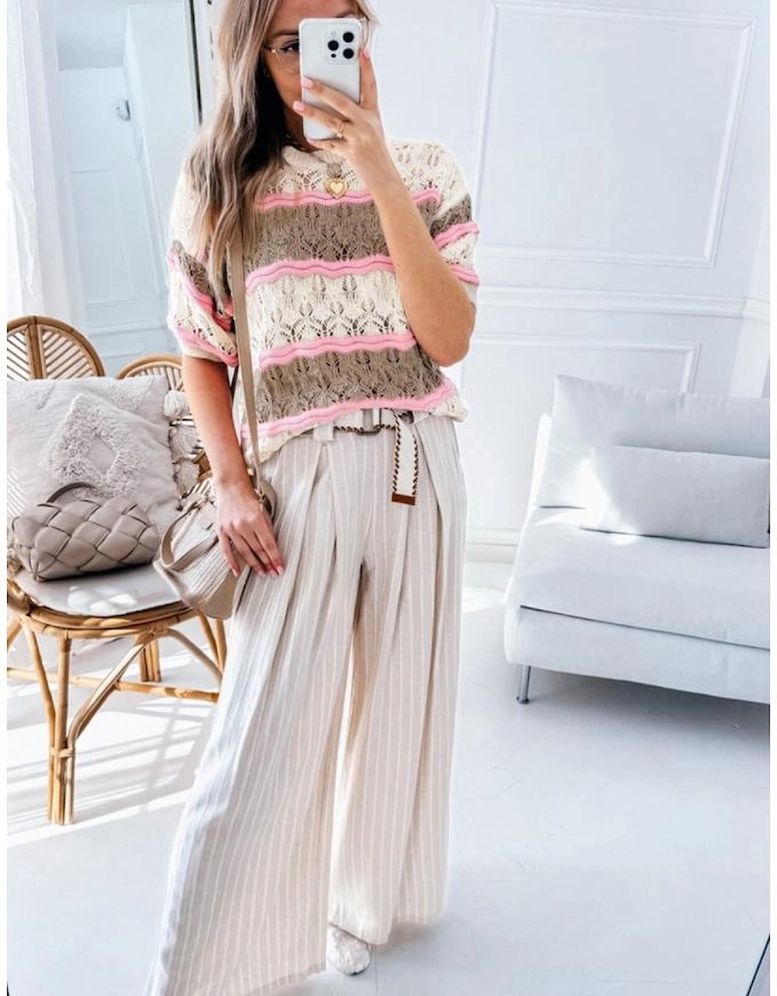 Brown Stripe Color Block Hollow Out Crochet Half Sleeve Sweater