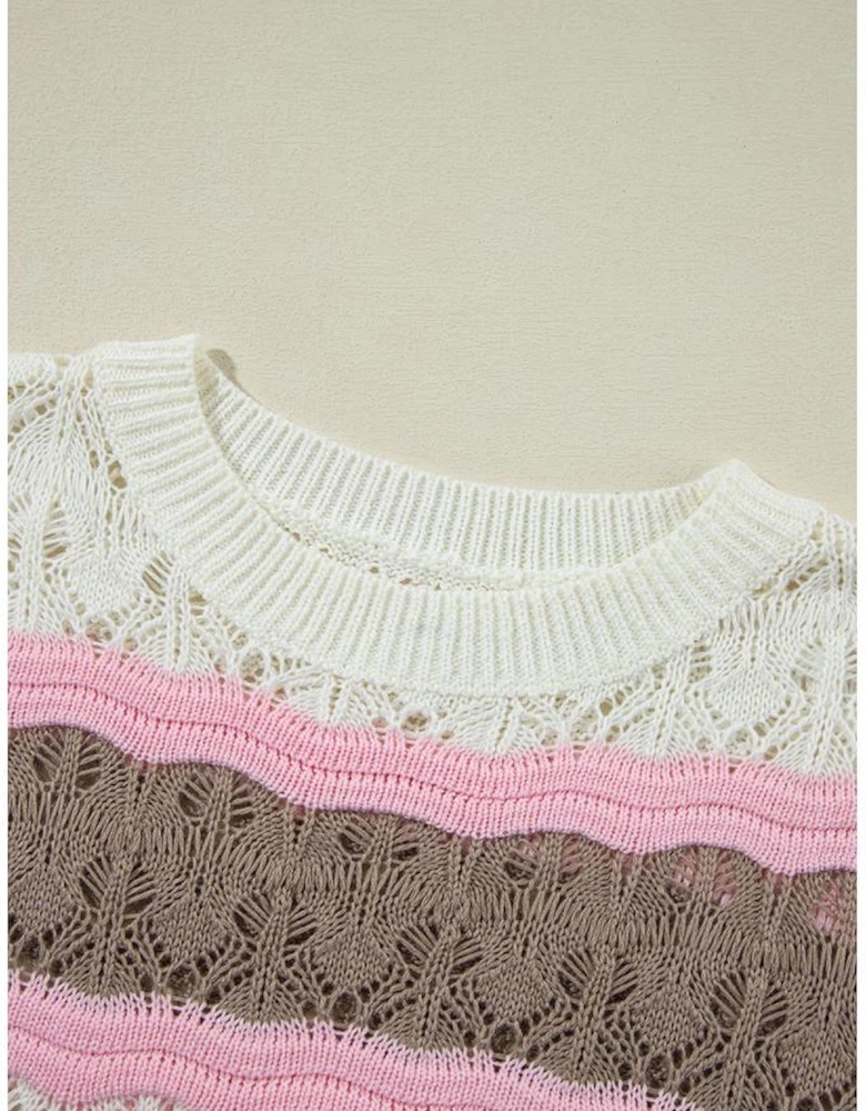 Brown Stripe Color Block Hollow Out Crochet Half Sleeve Sweater