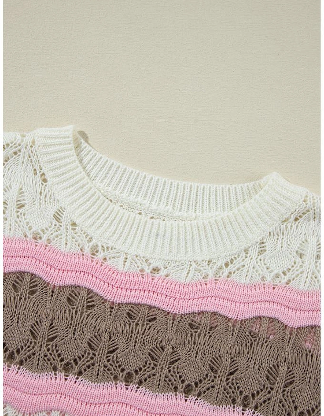 Brown Stripe Color Block Hollow Out Crochet Half Sleeve Sweater