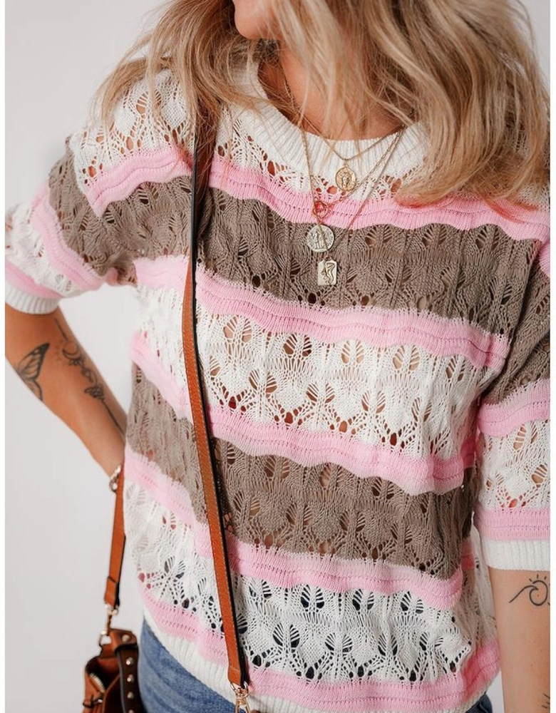 Brown Stripe Color Block Hollow Out Crochet Half Sleeve Sweater