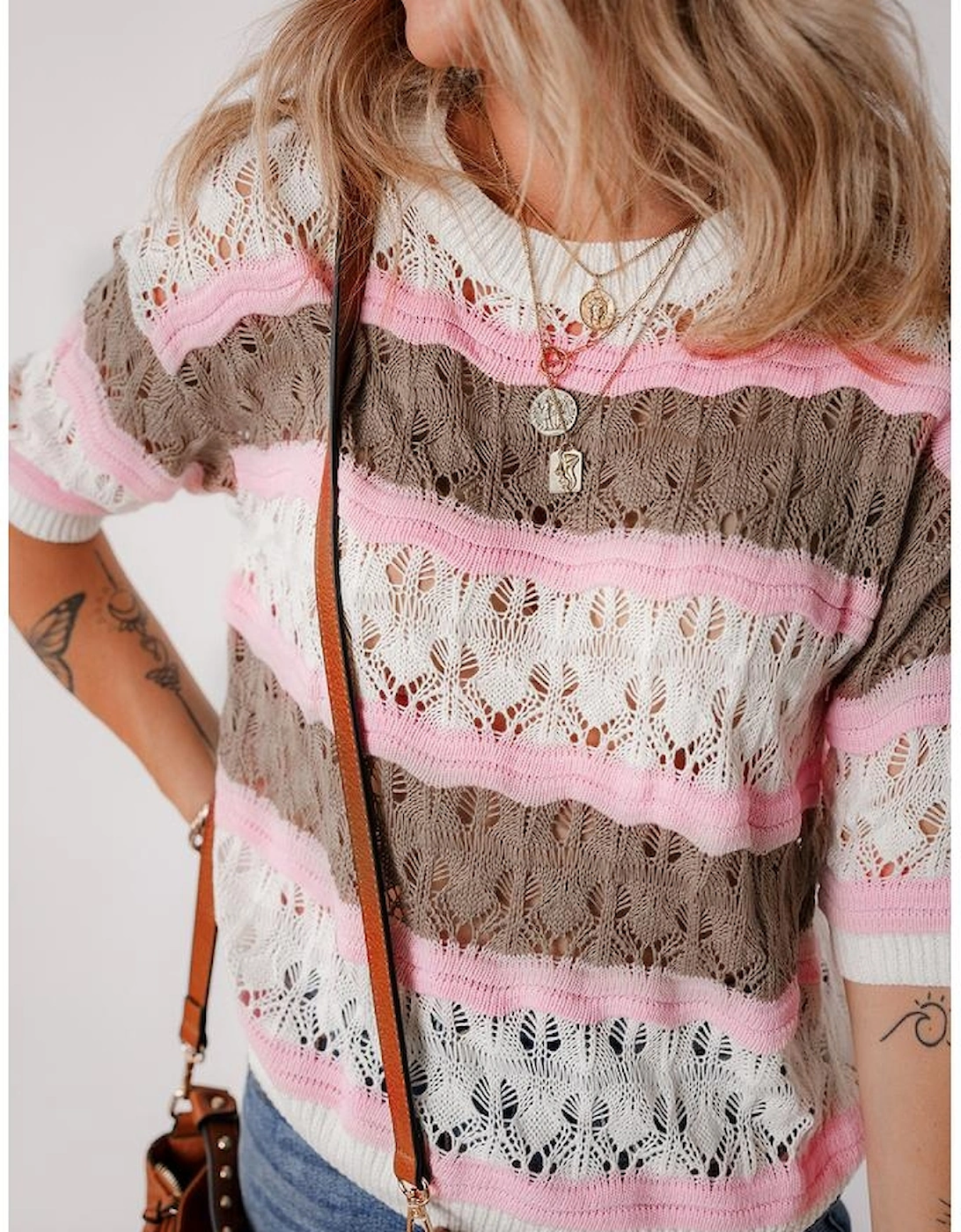 Brown Stripe Color Block Hollow Out Crochet Half Sleeve Sweater