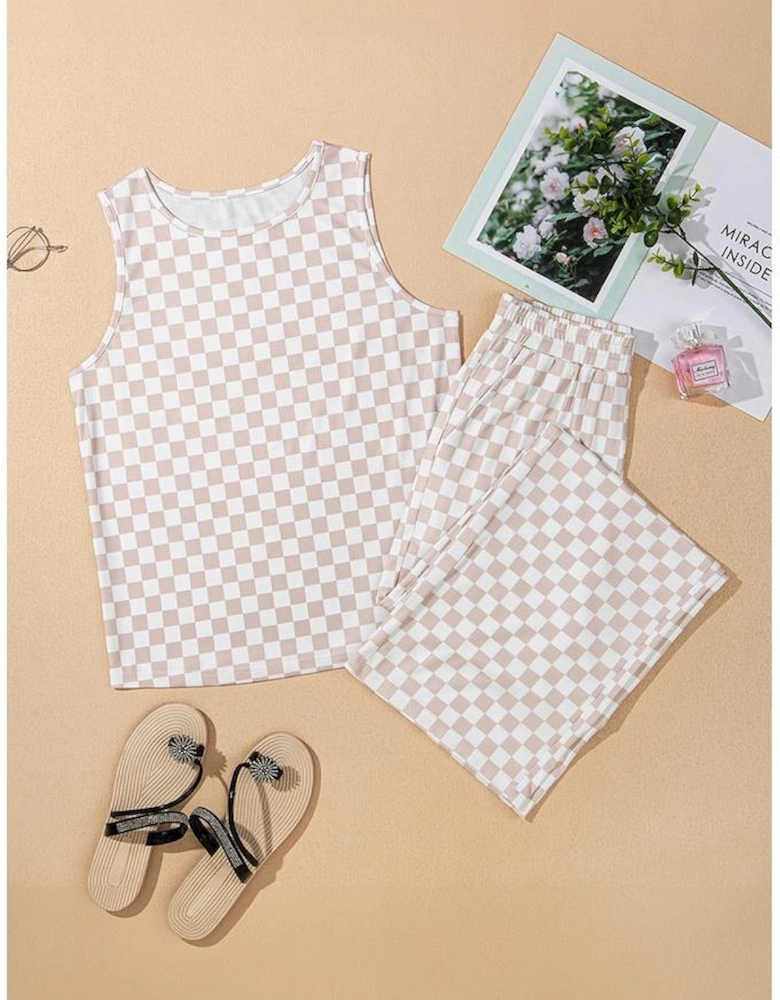 White Ribbed Texture Checkered Print 2pcs Tank and Pants Set