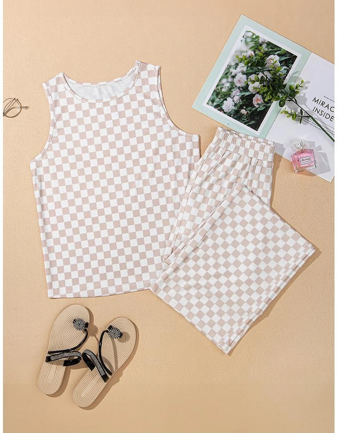 White Ribbed Texture Checkered Print 2pcs Tank and Pants Set