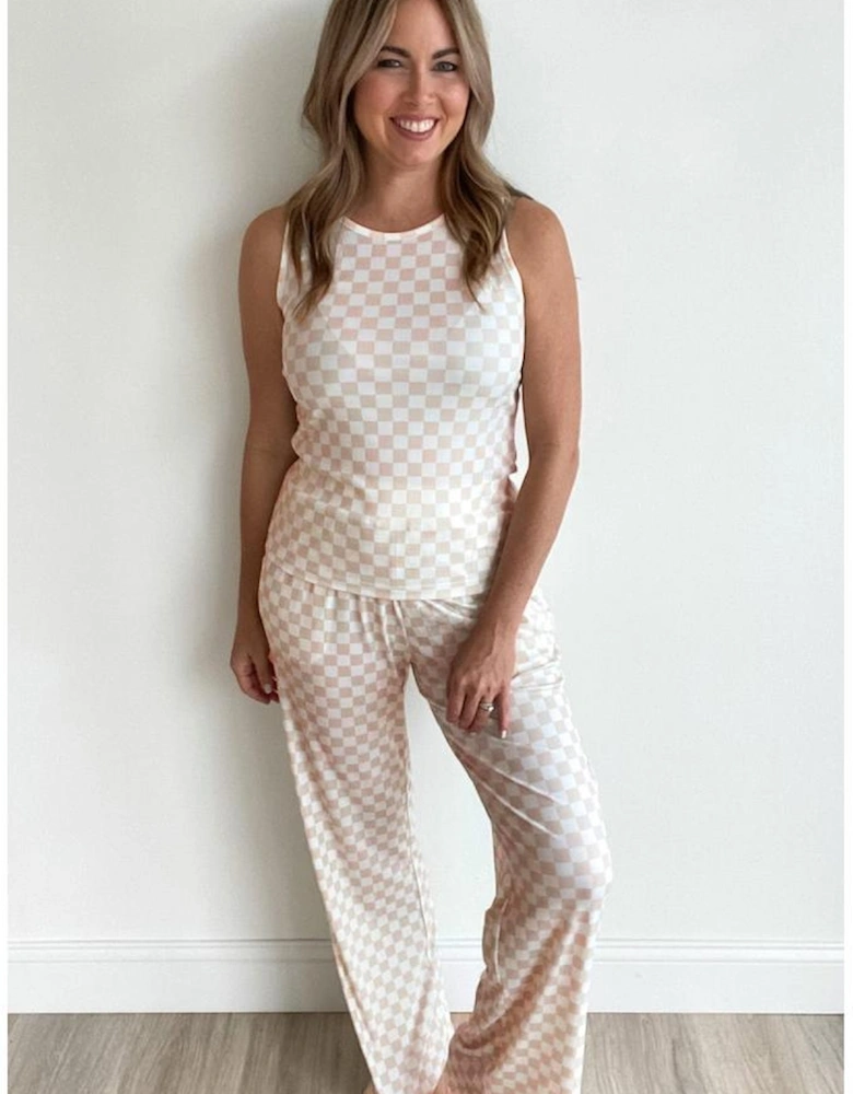 White Ribbed Texture Checkered Print 2pcs Tank and Pants Set