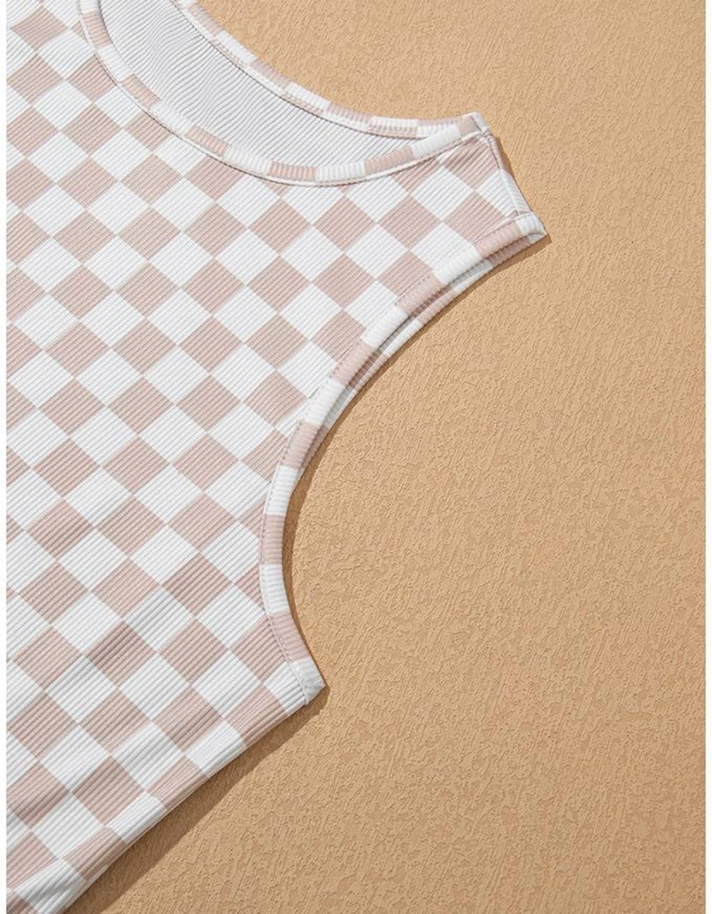 White Ribbed Texture Checkered Print 2pcs Tank and Pants Set